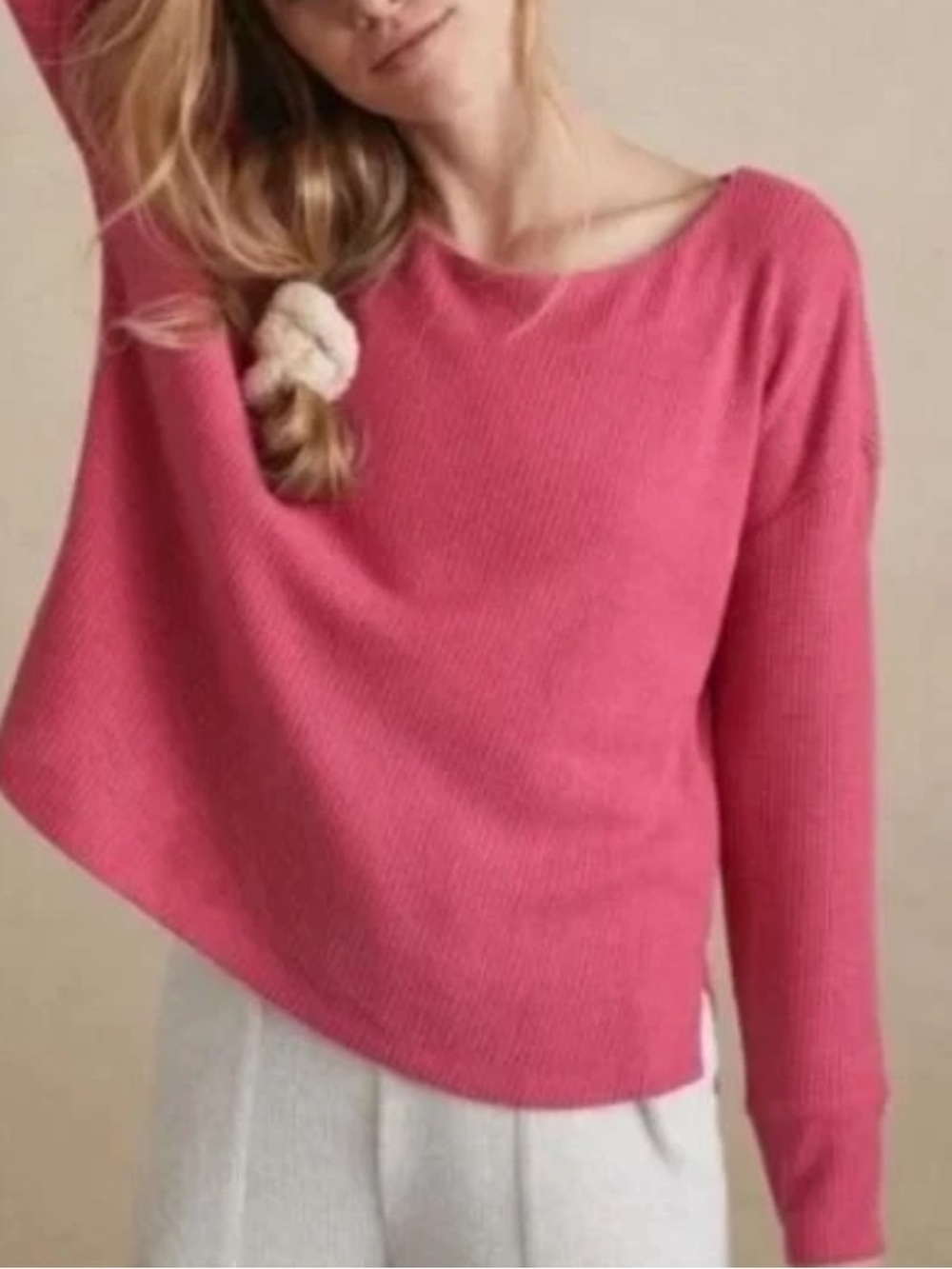 Saturday Sunday by Anthropologie Pink Boat Neck Waffle Knit Sweater Small